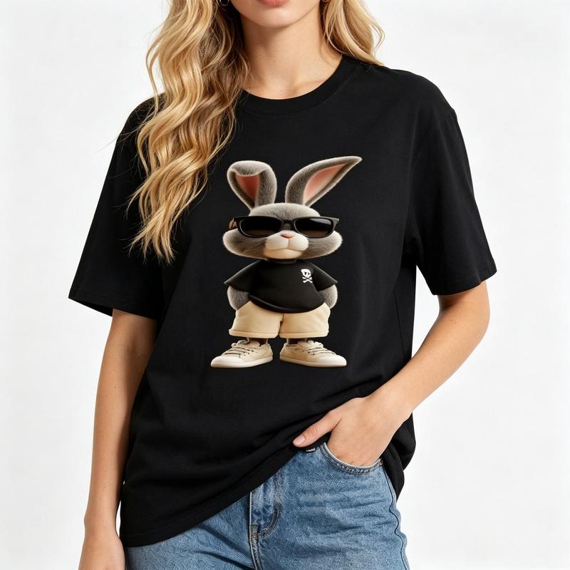 Women's Pure Cotton Crew Neck Bunny Graphic Tshirt - Comfortable, Lightweight, Fitted Cut, Short Sleeve, Kawaii Style Casual Streetwear Beach Summer Top
