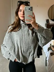 Women's Loose Plaid Bomber Jacket Demi-Season 2026 Vintage Cropped Pleated Stand Collar Zipper Long Sleeve Top New Arrival Casual Daily Wear Streetwear Outerwear Varsity Coat