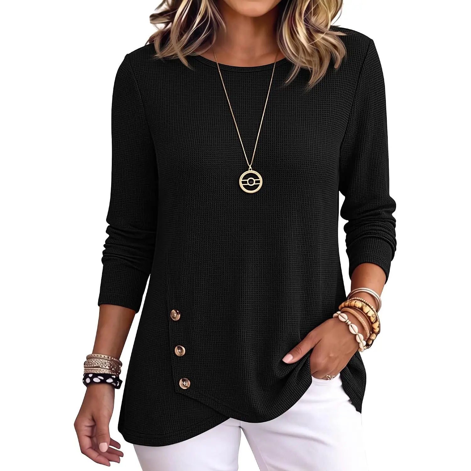 ANRABESS Women’s Long Sleeve Waffle Knit Tunic Tops | Side Button Wrap Shirts, Soft Lightweight Sweater Top, Leggings Outfit, Work Travel Everyday Wear, Fall Spring