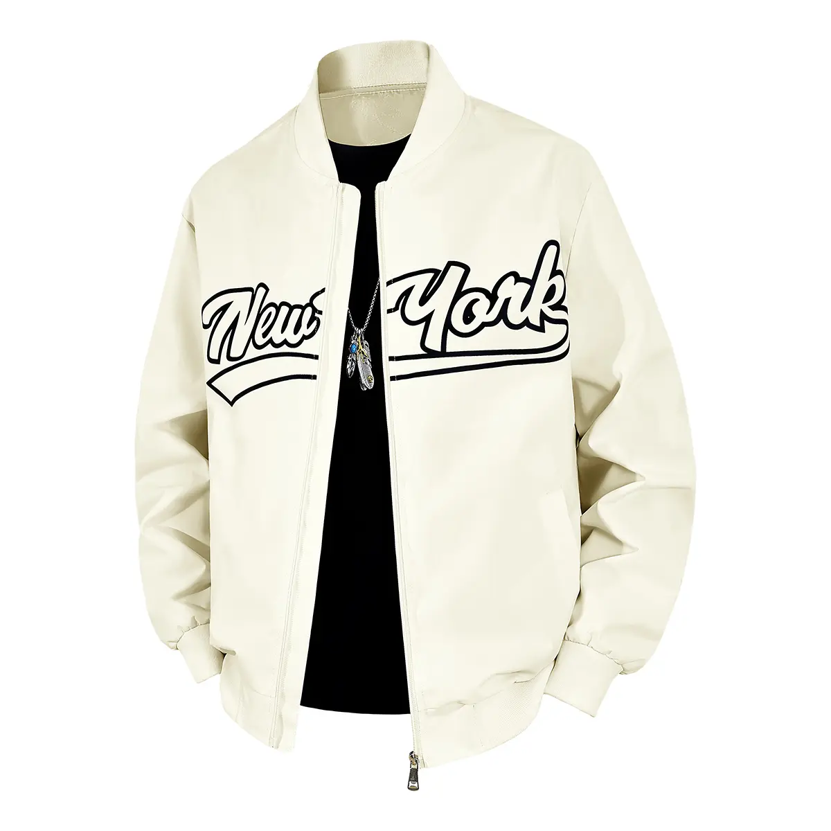 Fashionable men's flying jacket: classic silhouette paired with New York letter print and Brooklyn 85 pattern - a sleek jacket that adds a retro sporty style to any outfit Windproof Outerwear Casual Black Long Sleeve jackets