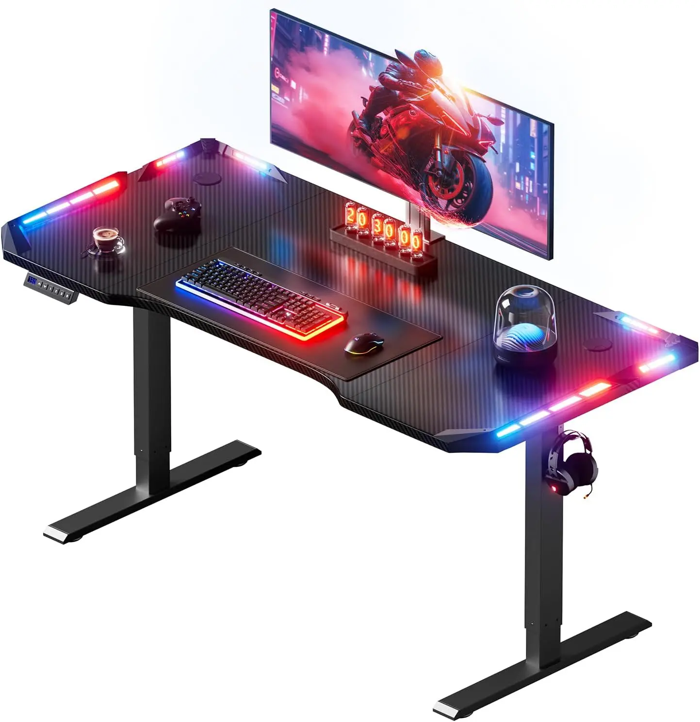 Ecofurnix,Electric Standing Desk 160 x 60 cm Gaming Desk with LED Lights Height Adjustable Computer Desk with 3 Memory Smart Panel Sit Stand Table Carbon Fiber Coated for Home Office Kitchen Island Black summerwins