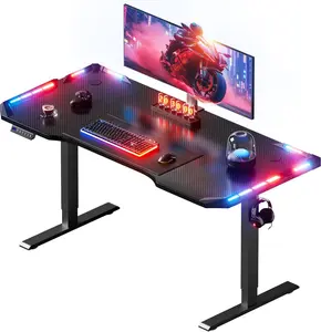 Ecofurnix,Electric Standing Desk 160 x 60 cm Gaming Desk with LED Lights Height Adjustable Computer Desk with 3 Memory Smart Panel Sit Stand Table Carbon Fiber Coated for Home Office Kitchen Island Black