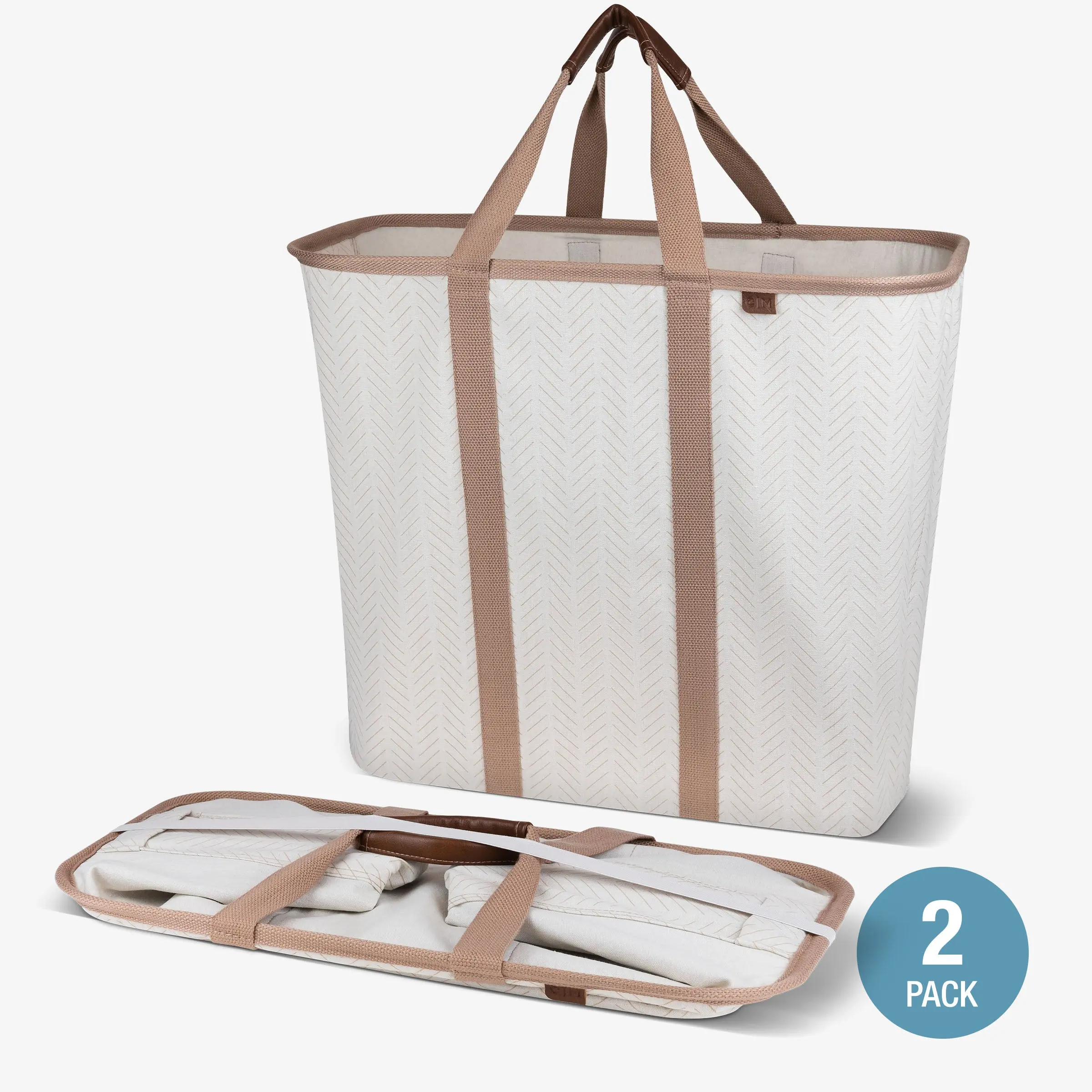2-Pack Extra-Tall Collapsible LUXE Structured Laundry Caddies - Polyester-Cotton Faux Leather, Polyester, Steel, ABS, Furniture-Friendly, 64L Large Size Bedroom Storage Home Supplies Laundry Baskets