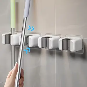 4-Piece Wall-Mounted Mop and Broom Rack, Space-Saving Vertical Storage, No Screws Needed, Ideal for Home, Kitchen, Bathroom
