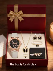 Women's Butterfly Quartz Fashion Watch Set, Elegant Analog Dial with Diamond Accents, PU Leather Strap, Perfect Gift for Women, Fashionable Watches