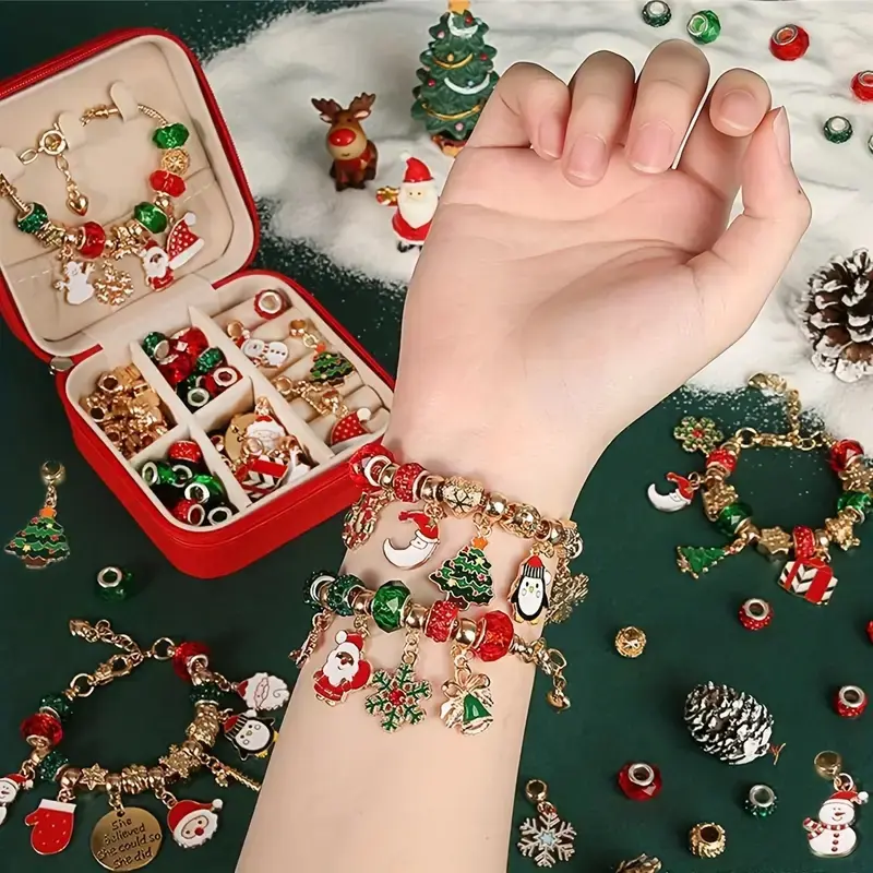 Christmas Charm Bracelet Making Kit, Elegant DIY Bead Jewelry Set, Beads Charms Accessories, Perfect Christmas and New Year Gift for Women Crafters