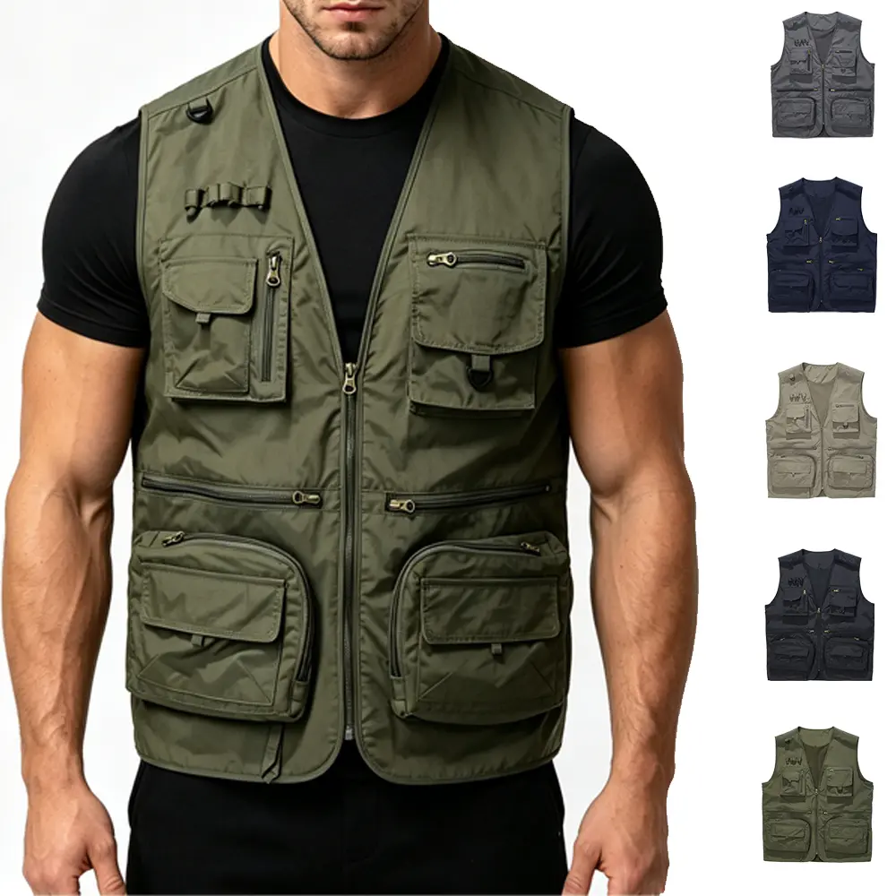 Men's Casual Polyester Vest with Multiple Pockets, Lightweight Zip-Up Outdoor Tops for Fishing & Travel Clothes, Menswear