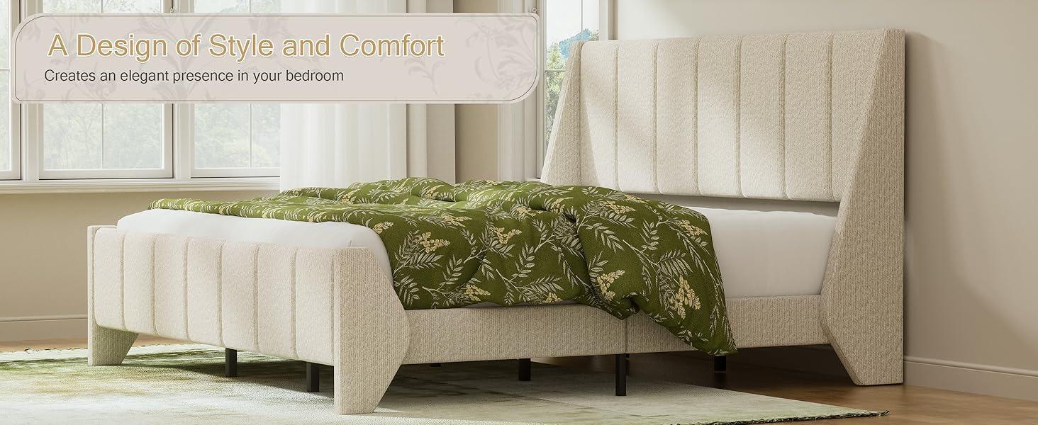 Yechen Boucle Wingback Full Bed Frame, Ivory Upholstered Platform Bed with Enclosed Footboard | Vertical Channel Tufting | Easy Assembly & Noise-Free | No Box Spring Needed