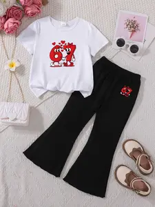 Summer Girls' 2-Piece Set Cartoon Number 67 Print Tee + Bell Bottoms, Cute Loose-Fitting for School, Home, Leisure, Memorial Photos