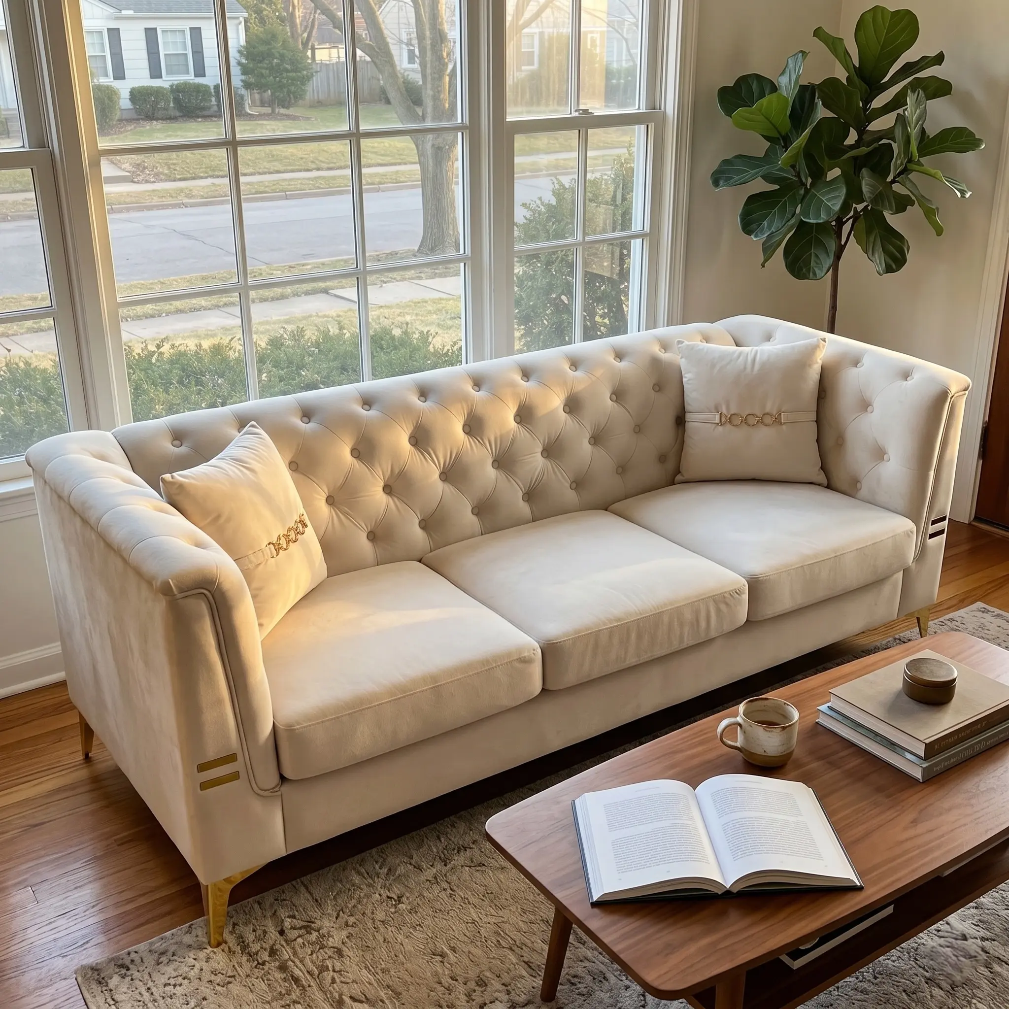 Luxury Velvet Sofa, Elegant 3 Seat Couch with Button Tufted Back, Gold Accent Legs, Comfortable Living Room Sofa for Modern Home Decor