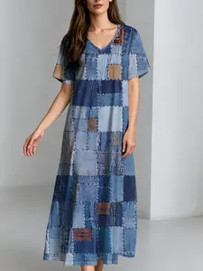 Women's Denim Patchwork Print Dress, V Neck Short Sleeve Long Dress with Pockets, Casual Loose Fit, Plain Surface Design