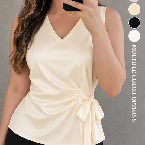 ADORPOP Women's Minimalist Second-Skin Satin Fitted V-Neck Sleeveless Top - Feminine Style Spandex Basic Side Tie Silk Blouse, Dressy 4 Classic Shades Summer Staple for Workwear, Date Night