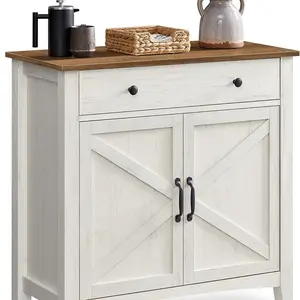 Buffet Cabinet, Sideboard Cabinet with Storage and Drawer, with Doors, Height Adjustable Shelf, Farmhouse Style, for Living Room, Kitchen, Rustic White and Honey Brown UBBK341W01