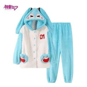 Hatsune Miku Pajamas Autumn And Winter New Japanese Hooded Coral Velvet Thickened Pajamas Cute Miku Home Clothes Gift For Girls