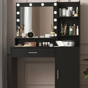 Vanity Desk with Mirror & Light, Large Drawer Three Level Storage Dresser, 3 Lighting Modes Adjustable Brightness, Bedroom Dressing Table(Black)