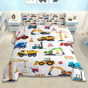 Construction Vehicles Kids Comforter Set White Excavator Bedding Set Equipment Trucks Duvet Quilt for Kids Boys Girls Bedroom Decor Microfiber Ultra Soft Breathable