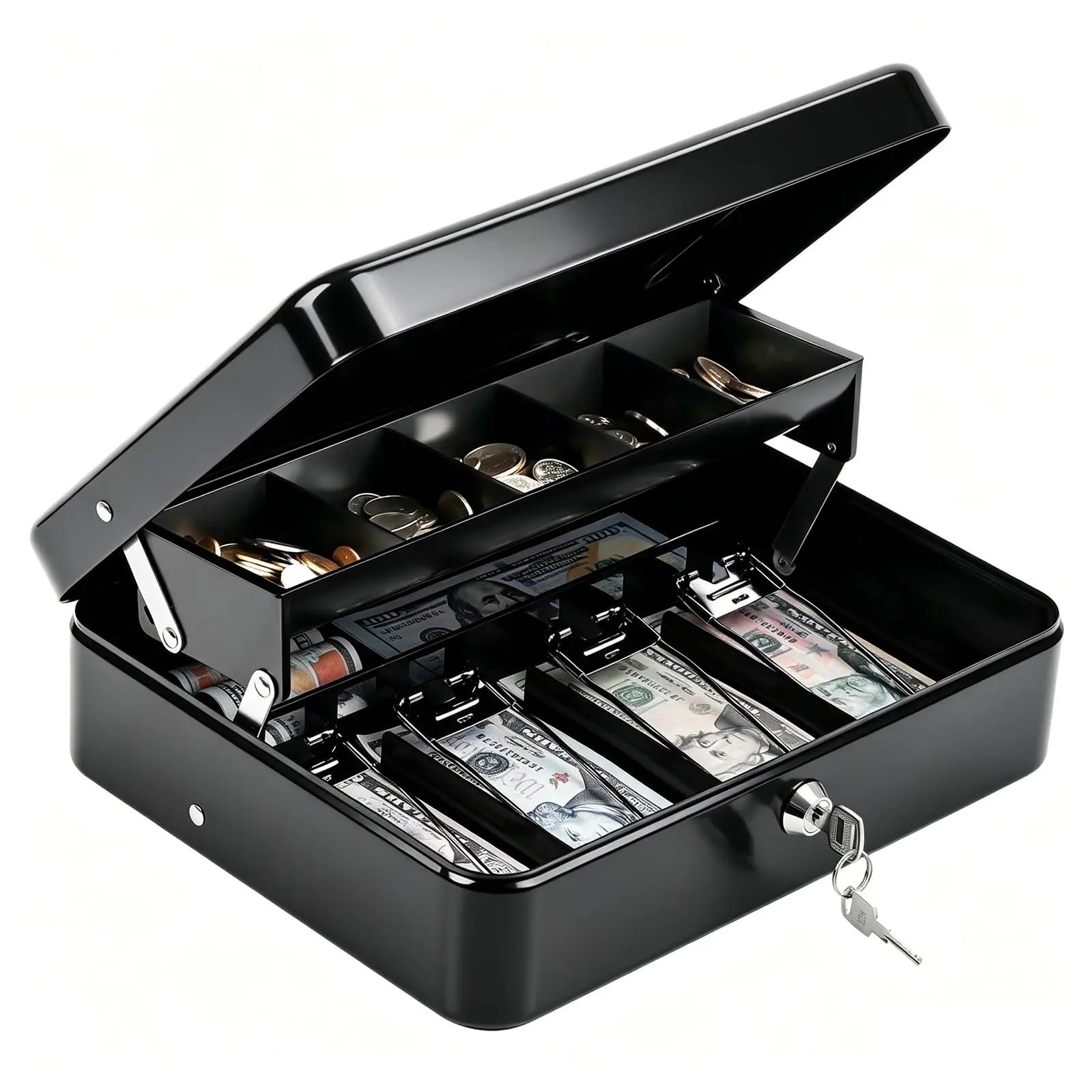 Cash Box with Money Tray and Key Lock, Metal Cash Drawer, Portable Cold-rolled Steel Money Box, Windproof Bill clips & Auto-Pop Coin Tray for Garage Sales & Small Businesses