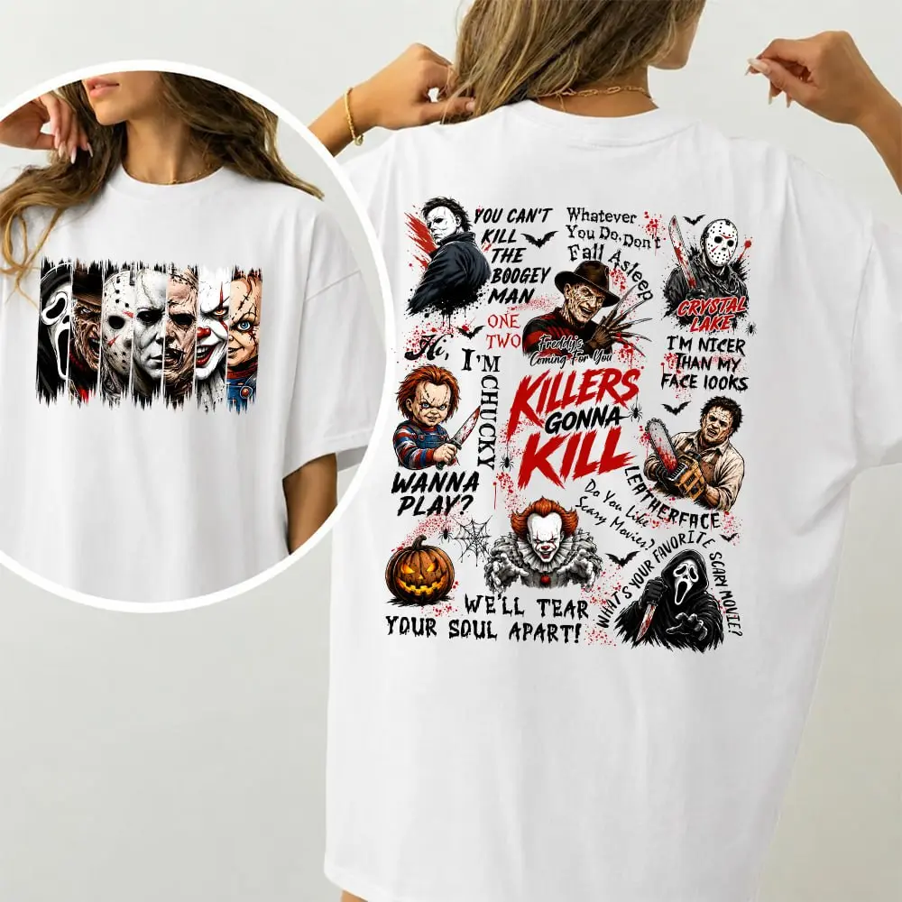 Retro Horror Movie Characters Shirt, Killer Gonna Kill Halloween T-Shirt, Vintage Slasher Horror Graphic Tee, Spooky Halloween Costume Gift, Unisex Apparel, Hoodie, Fashion Cotton, Full Colors, Full Sizes, For Men, For Women