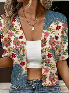 Spring and Summer Collection: V-neck multi-color patchwork floral print women's knitted short-sleeved cardigan, blouse, Casual knitwear, bohemian vacation style, casual commuting outerwear coverall