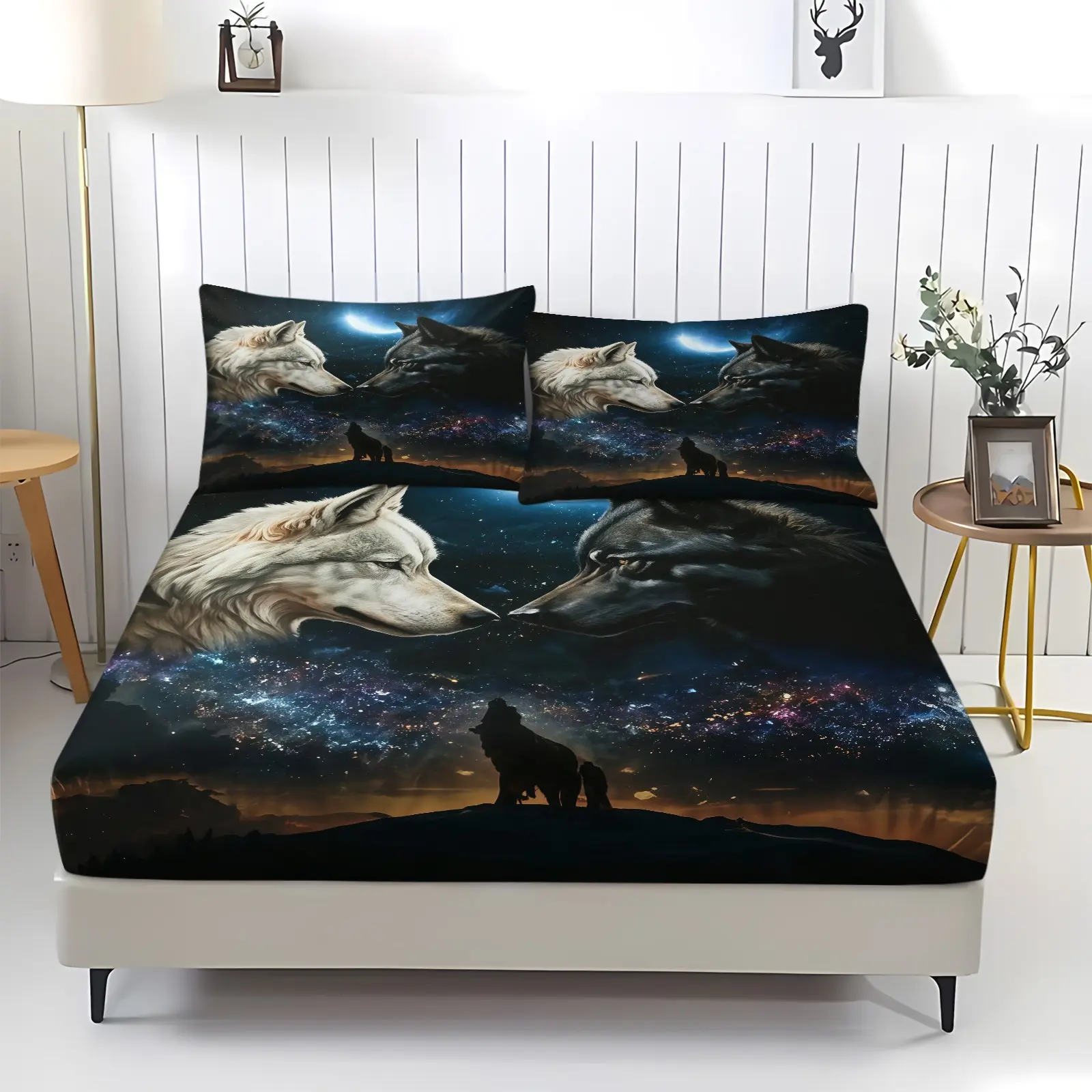 Star Wolf Pattern Fitted Sheet Set, Natural Animal Style Bedding Set, Including 1 Piece Flat Sheet And 2 Pieces Pillowcases, Daily Holiday Gift Bedroom Decoration For Teenagers And Adults, Soft Comfy Bedding, Bed Linens