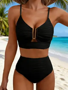 2 Piece Bikini Set U-Wire Cutout Swimsuit High Waisted Textured 2026 Summer Swimming Clothing Beach Water Sports Tummy Control Swimwear Black