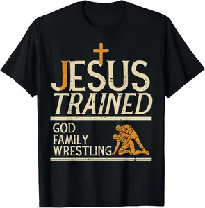 100% Cotton Jesus Trained God Family Wrestling Christian Wrestler Men T-Shirt