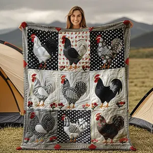Luxurious Hawaiian Style Chicken Patchwork Quilt - All-Season Soft Polyester Bedspread With Farmhouse Chicken Design, Black & White Gingham & Red Rooster Patterns, Machine Washable Bedding For Home Decor Or Travel, Rustic Country Bedspread For Cozy Nights