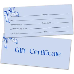 Blue  Certificate for Business, Set of 25 Blue Bow Blank , 3.5 x 8 Inch  Card for Wedding Bridal Shower Holiday Birthday  Salon Restaurant -12