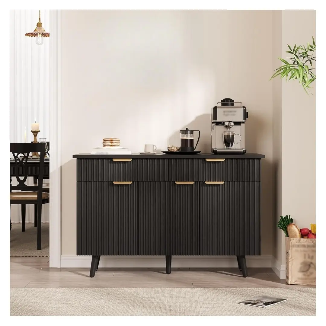 【Christmas Gift】Black Modern Farmhouse Buffet Cabinet with Fluted Design Kitchen Storage Sideboard and Coffee Bar Cabinet with Shelves for Dining Room Living Room or Hallway
