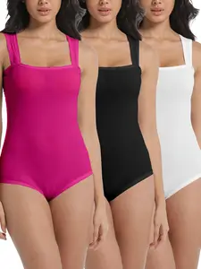 Women's 3 Piece Square Neck Cap Sleeve Bodysuit Sexy Slimming Tank Top Smoke Cloud Collection