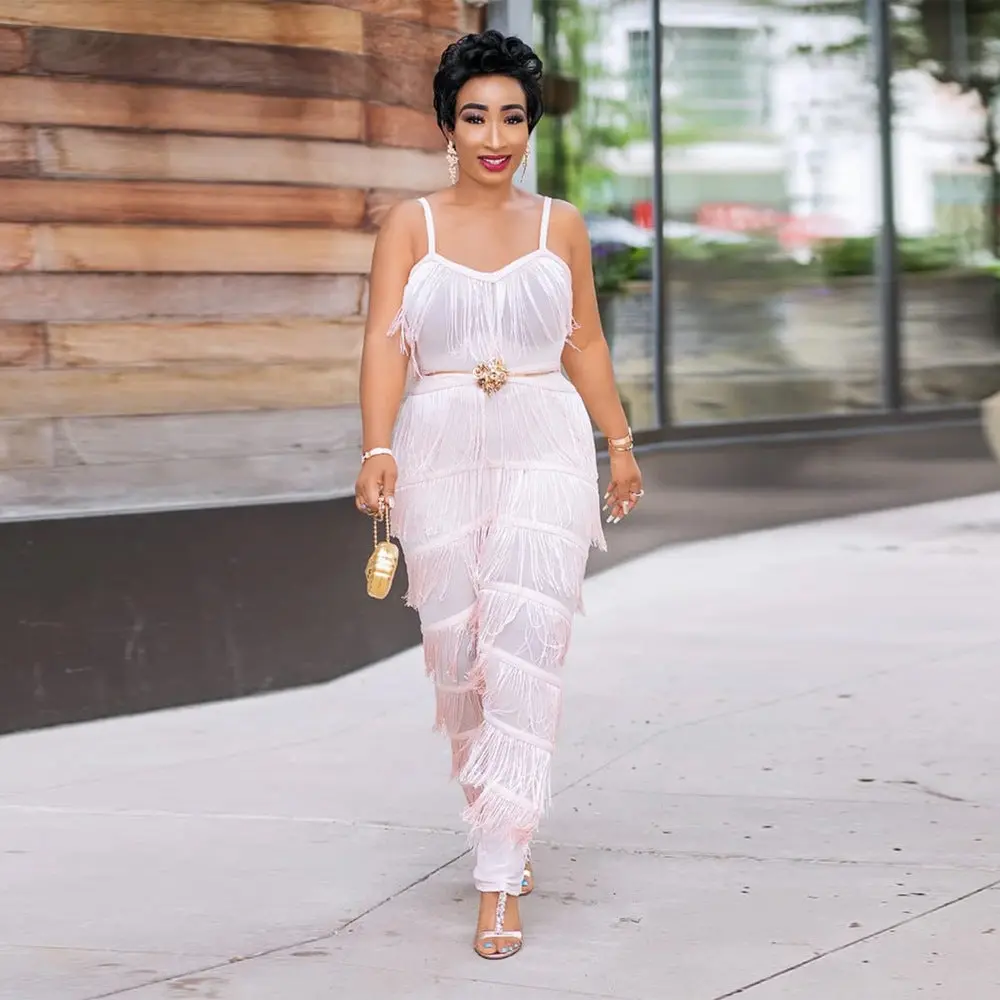 White Tassel Fringe Detail Sleeveless Spaghetti Strap Women's Solid Color Jumpsuit to 5X Plus Size