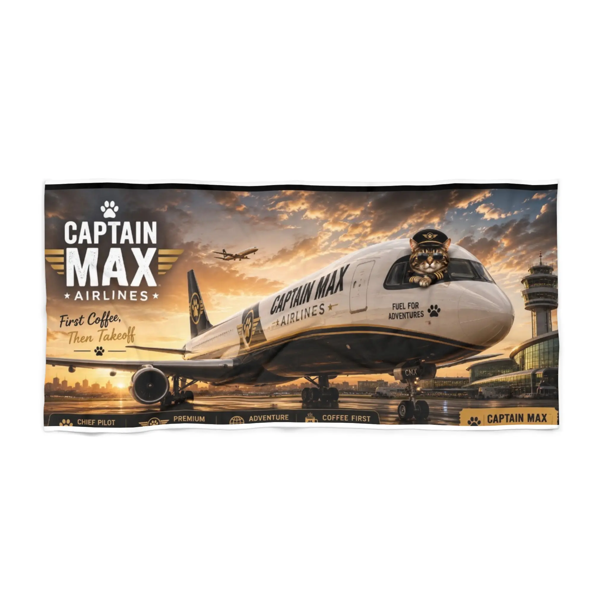 Captain Max Airlines Plane Illustration Beach Towel | Vintage Pilot Travel Design