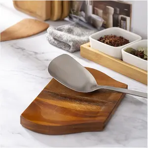 Acacia Double Spoon Rest for Stove Top, Handmade Wooden Spoon Holder for Kitchen Counter, with Non-Slip Silicone Feet