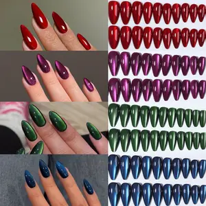 96pcs Medium Long Almond Blue Cat Eye Press-On Nails, Acrylic Nail Tips Set for Women Girls Daily Use Party, Almond Shape Nails