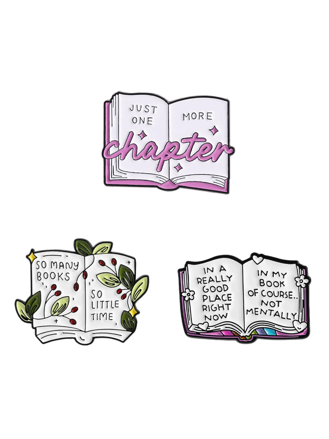 3Pcs Book Shape Pins Reading Quote Cartoon Brooches Funny Reader Badges Enamel Alloy for Book Lovers Collection Backpack Hat Decoration Library Theme Accessory