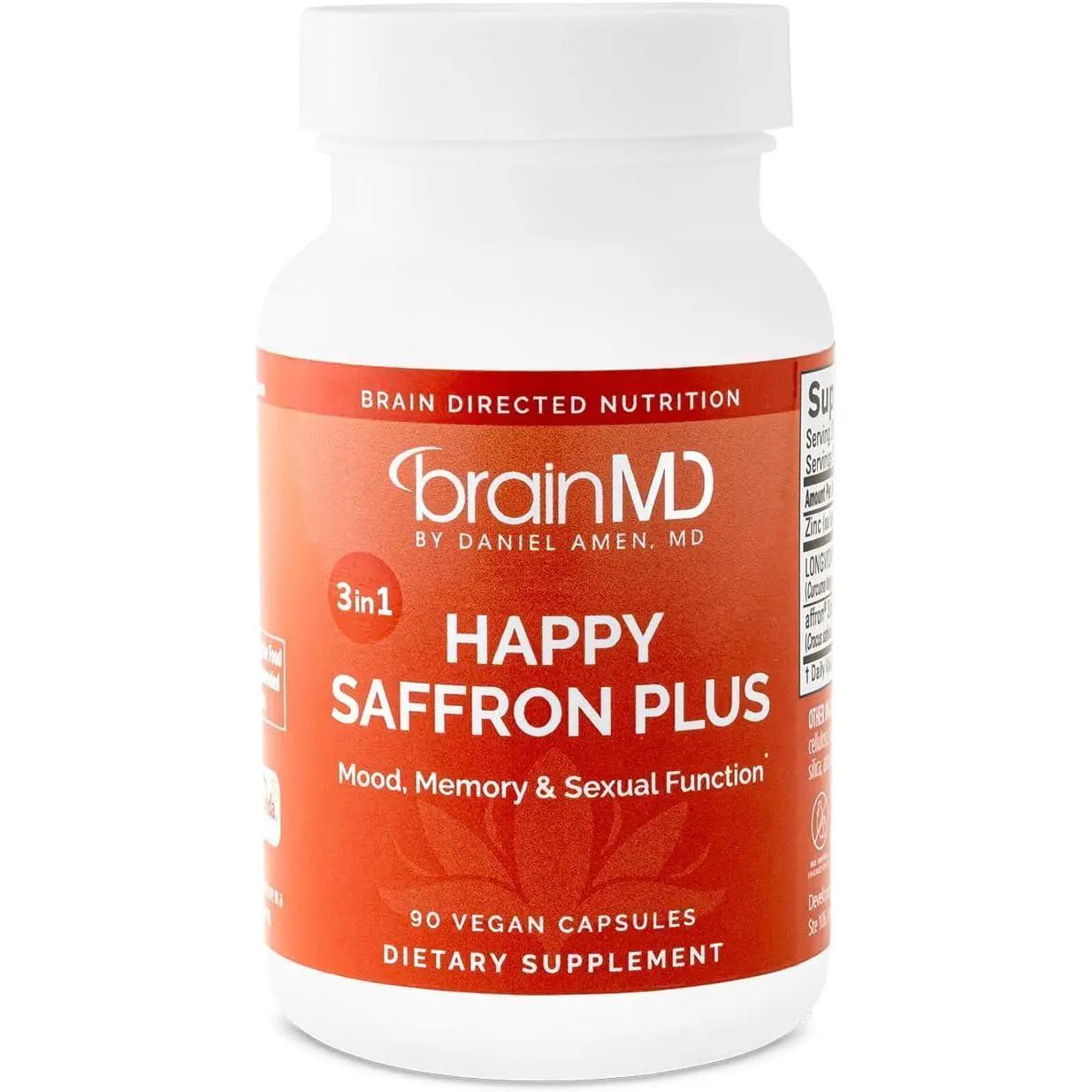 BRAINMD Dr Amen Happy Saffron Plus - 90 Capsules - with Saffron Flower Extract, Curcumin & Zinc - Vegan, Gluten Free - 30 Servings | 30 Servings
