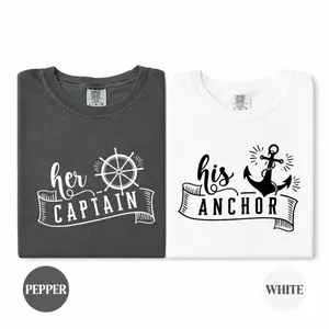 [100% Cotton] Her Captain His Anchor T-Shirt, Matching Couple Nautical Graphic Tee Set, Romantic Husband Wife Shirt, Her Captain His Anchor Tees, Beach Vacation Outfit, Anniversary Gift For Couples