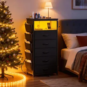 Raybee 37.5" Tall LED Night Stand with 5 Drawers for Tall Bed, Black Narrow Dresser with Charging Station for Living Room, Night End Table with Extra Side Bag & Hooks, Bedside Table with Power Stripe, Bedroom, Closet, Hallway, Entryway, White, Brown