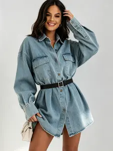 Womens Long Sleeve Denim Shirt Dress Light Wash Distressed Vintage Button Down Loose Fit Casual Tunic Top Chest Pockets 2026 Fall Fashion Y2K Streetwear Effortless Everyday Outfit Retro Jean Dress Versatile Shacket[Belt not included]