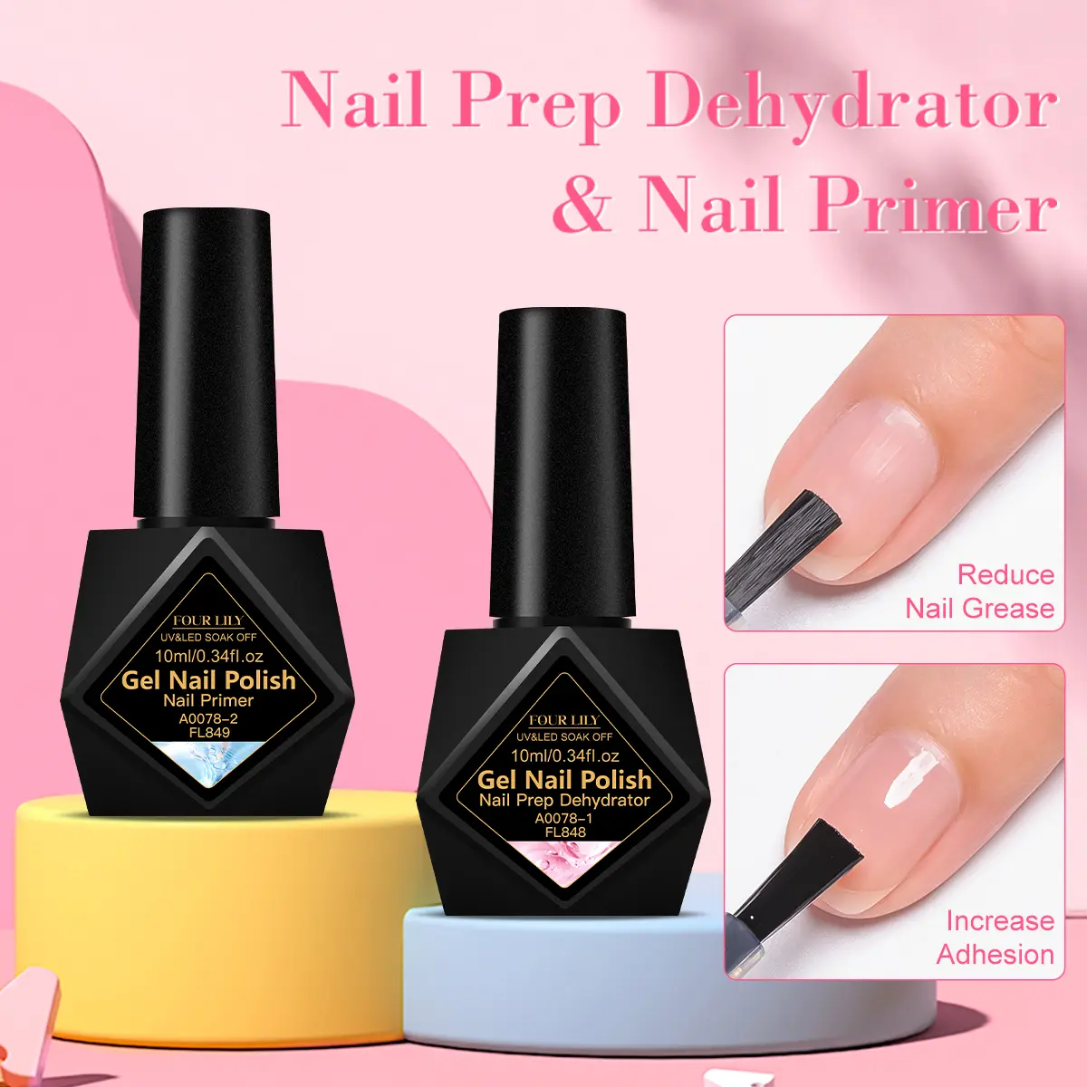 FourLily Nail Prep Dehydrate & Primer Set, Air Dry Superior Bonding Primer for UV Gel Polishes, Functional Gel Tools for Professional Results, Gel Manicure, Gel Nail Art