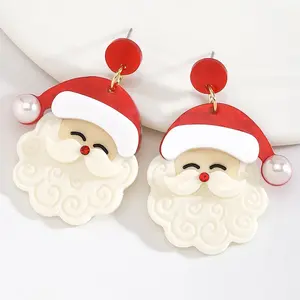 Fiery Red Bright Pearl Decor Cute Father Christmas Earrings