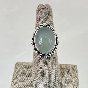 Sterling Silver 13.33ct Oval Cabochon Chalcedony with Beaded Halo Bali Style Ring