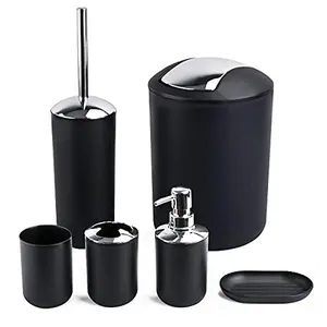 Papillon 6-Piece Bathroom Accessories Set, Toothbrush Holder with Cup, Soap Dispenser & Dish, Toilet Brush, Trash Can, Tumbler Set (Black)