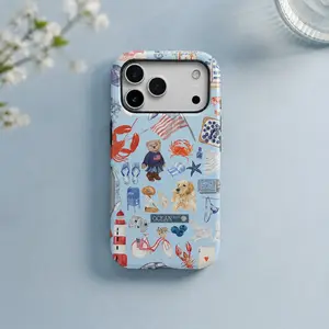 Light blue retro American-style fresh ocean element patchwork pattern protective case, sturdy and durable 2-in-1 protective case, compatible with iPhone 17/16/15/14/13/12/11 Pro Max/Plus/Pro, Samsung Galaxy S25/S24/S23 Ultra series,