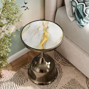 Enric Vintage Brass Side Table - Sculpted Metal Accent Table with Gold Vein Marble-Like Top for Modern Interiors