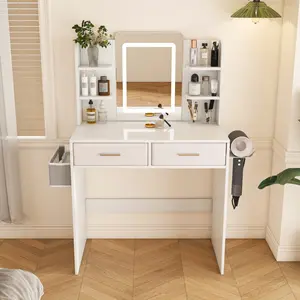 Lighted Vanity Desk - Modern MDF Indoor Stylish Adjustable Illuminated Makeup Vanity Furniture with 3-Mode LED Mirror, 2 Drawers, 6 Shelves, Hair Dryer Holder, Bedroom Beauty Station, Stylish Makeup Vanities