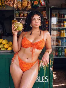Swim Mod Plus Size Women's 2-Piece Random Print Spaghetti Strap Sexy Beach Beach Vacation Vacation Bikini Swimsuit Orange Summer