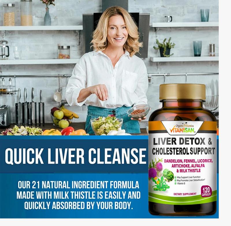 Vitamisan Liver Detox & Cholesterol Support 120 Capsules with Dandelion Fennel Licorice Artichoke Alfalfa Milk Thistle for Optimal Health