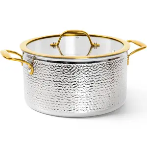 Michelangelo Triply Stainless Steel Stock Pot with Lid, Luxury Hammered Stainless Steel 6 Quart Pot with Lid & Golden Handle, Premi Cookwareum Induction Stockpot - 6QT