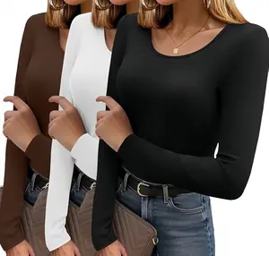 3PCS Women'S Long SleeveCrewneck Rib Knit Slim Fit Shirts Basic TeeTops 2025 Casual T-Shirt Going Out WorkoutOutfits Womenswear Knitwear,Scoop Neck Fitted Tops,Thermal Undershirt Stretch Base Layer Soft Tee